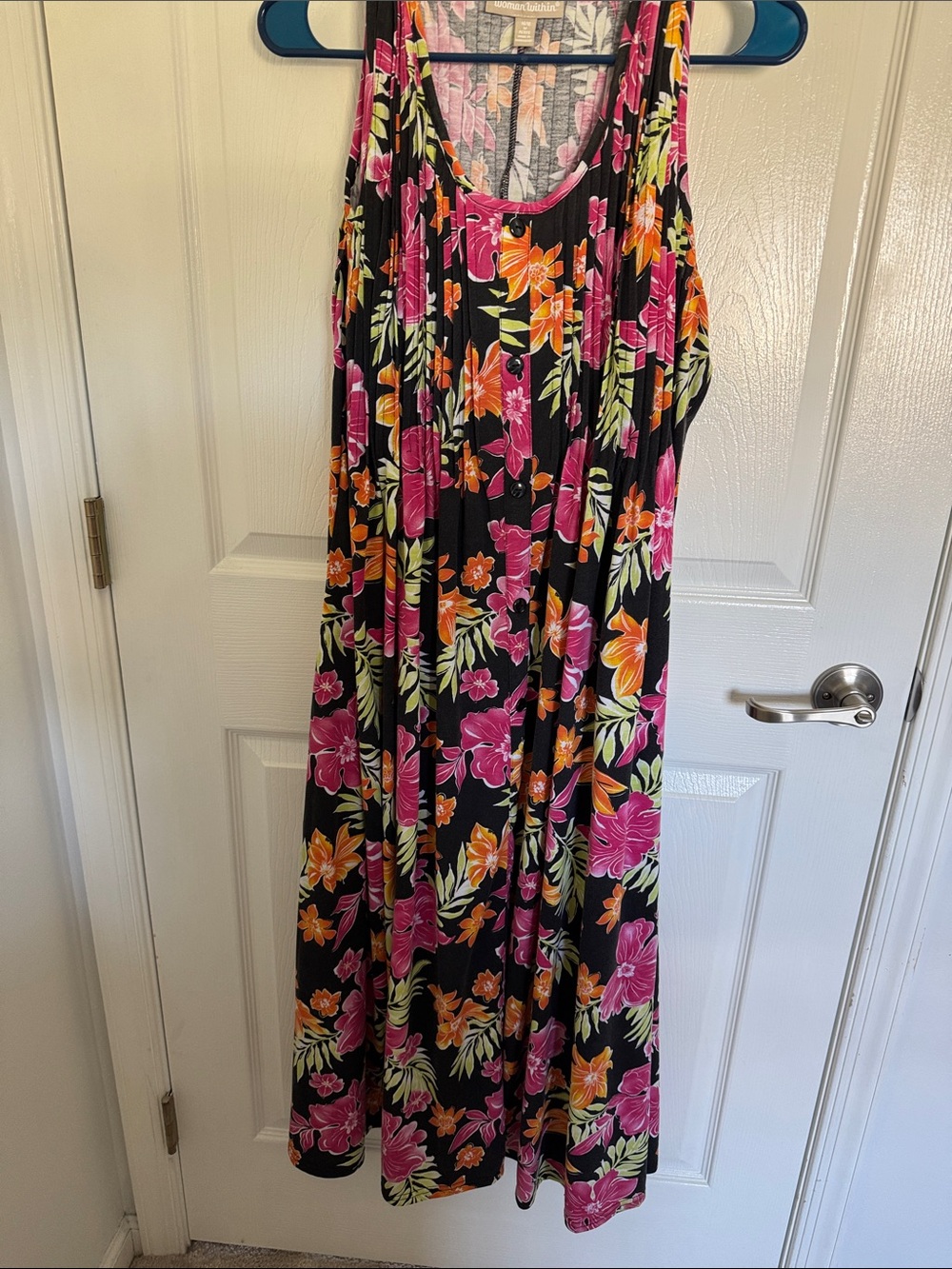 Woman Within Black Floral Maxi Dress with Pink and Orange Blooms